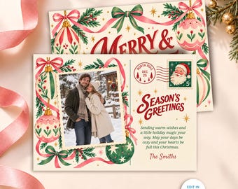 Christmas Postcard Photo Card Template, Season’s Greetings Vintage Postcard Christmas Card, Merry and Bright, Editable Canva 7x5