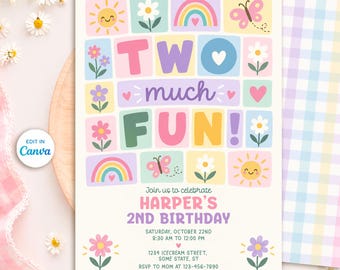 May include: A rectangular birthday invitation template featuring pastel-colored squares with illustrations of suns, flowers, rainbows, and butterflies. The text reads TWO much FUN! Join us to celebrate HARPER'S 2ND BIRTHDAY, SATURDAY, OCTOBER 22ND, 8:30 AM TO 12:00 PM, 1234 ICECREAM STREET, SOME STATE, ST, RSVP TO MOM AT 123-456-7890.