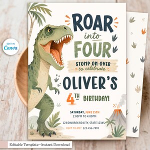Editable dinosaur birthday invitation template featuring a friendly watercolor T-Rex roaring beside bold typography that reads “Roar Into Four.” This printable 5x7 party invite includes jungle palm trees, dinosaur footprints, tropical plants, an erupting volcano, and earthy green, navy, and orange colors. Personalized with the child's name, age, party date, time, location, and RSVP details. Instant download, editable in Canva, perfect for a dinosaur-themed fourth birthday celebration.