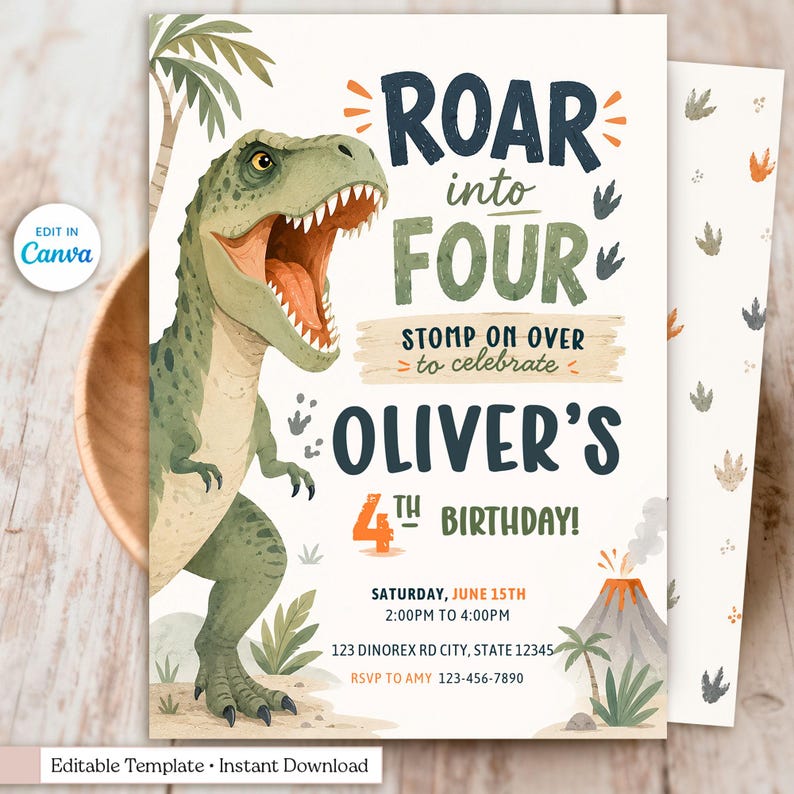 Editable dinosaur birthday invitation template featuring a friendly watercolor T-Rex roaring beside bold typography that reads “Roar Into Four.” This printable 5x7 party invite includes jungle palm trees, dinosaur footprints, tropical plants, an erupting volcano, and earthy green, navy, and orange colors. Personalized with the child's name, age, party date, time, location, and RSVP details. Instant download, editable in Canva, perfect for a dinosaur-themed fourth birthday celebration.