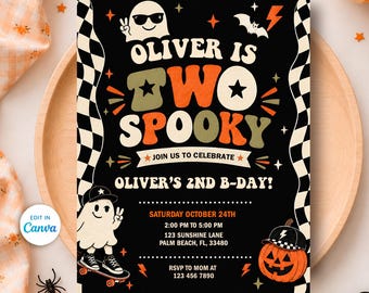 May include: A rectangular birthday invitation card with a black background and a checkered border. The text reads Oliver is Two Spooky, Join Us To Celebrate, Oliver's 2nd B-Day, Saturday October 24th, 2:00 PM to 5:00 PM, 123 Sunshine Lane, Palm Beach, FL, 33480, RSVP to Mom at 123 456 7890. Graphics include ghosts, a pumpkin, and stars.