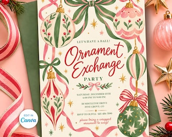 May include: A rectangular invitation card featuring watercolor illustrations of hanging Christmas ornaments in pink, green, and cream. The text reads: Let's Have a Ball! Ornament Exchange Party, Saturday, December 13th, 6:00 PM to 9:00 PM, 58 Mistletoe Drive, Pine Grove, CO, RSVP to Olivia 123-456-7890, please bring a wrapped ornament to swap.