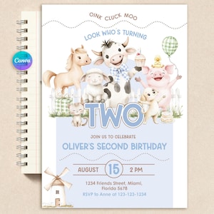 May include: A light blue and white birthday invitation featuring farm animals, including a cow, pig, and horse. The invitation says "Look Who's Turning Two" and includes the date, time, and location for Oliver's second birthday party.
