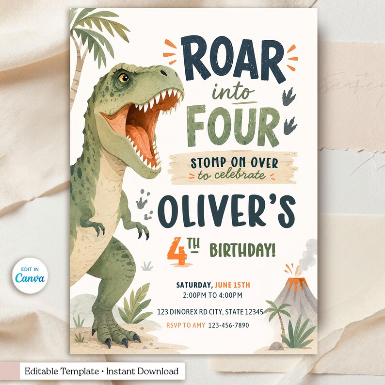 Editable dinosaur birthday invitation template featuring a friendly watercolor T-Rex roaring beside bold typography that reads “Roar Into Four.” This printable 5x7 party invite includes jungle palm trees, dinosaur footprints, tropical plants, an erupting volcano, and earthy green, navy, and orange colors. Personalized with the child's name, age, party date, time, location, and RSVP details. Instant download, editable in Canva, perfect for a dinosaur-themed fourth birthday celebration.