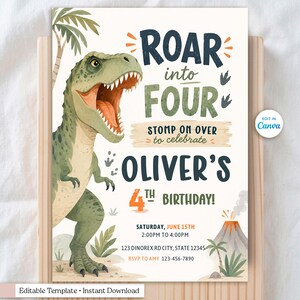 Editable dinosaur birthday invitation template featuring a friendly watercolor T-Rex roaring beside bold typography that reads “Roar Into Four.” This printable 5x7 party invite includes jungle palm trees, dinosaur footprints, tropical plants, an erupting volcano, and earthy green, navy, and orange colors. Personalized with the child's name, age, party date, time, location, and RSVP details. Instant download, editable in Canva, perfect for a dinosaur-themed fourth birthday celebration.