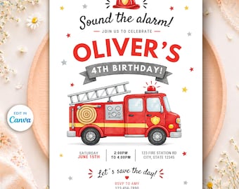 以下が含まれることがあります： 赤い消防車が描かれた、白い誕生日の招待状。カードには「Sound the alarm!」と「OLIVER'S 4TH BIRTHDAY!」の文字とイベントの詳細が記載されています。 RSVP情報も含まれています。