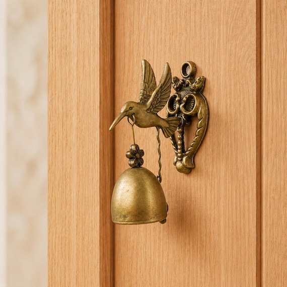 Hummingbird Door Bell Wall Hanging, Vintage Garden Wind Chime, Rustic Metal Entry Bell, Cottage Porch Decor, Gift for Gardeners