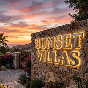 Puede incluir: Un muro de piedra con letrero iluminado "SUNSET VILLAS" contra un cielo de atardecer. Las letras del letrero brillan con luz cálida, sobre un fondo de palmeras, montañas y una entrada con puerta.