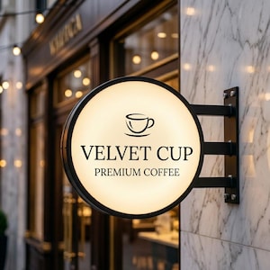 Może przedstawiać: Okrągły, podświetlany szyld dla "Velvet Cup Premium Coffee" z czarną obwódką i czarnym wspornikiem. Znak zawiera ikonę filiżanki kawy nad tekstem. Tło to marmurowa ściana.
