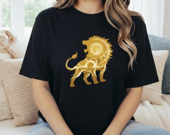 Solarflare Lion Shirt - Golden Sun Animal Graphic Tee - Celestial Spirit Nature Art - Minimalist Predator Apparel - Gold Streetwear Art