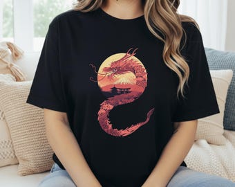 Maglietta con drago giapponese / Maglietta con drago al tramonto sui ciliegi in fiore / Maglietta con drago del Monte Fuji / Silhouette di drago asiatico / Regalo con arte fantasy