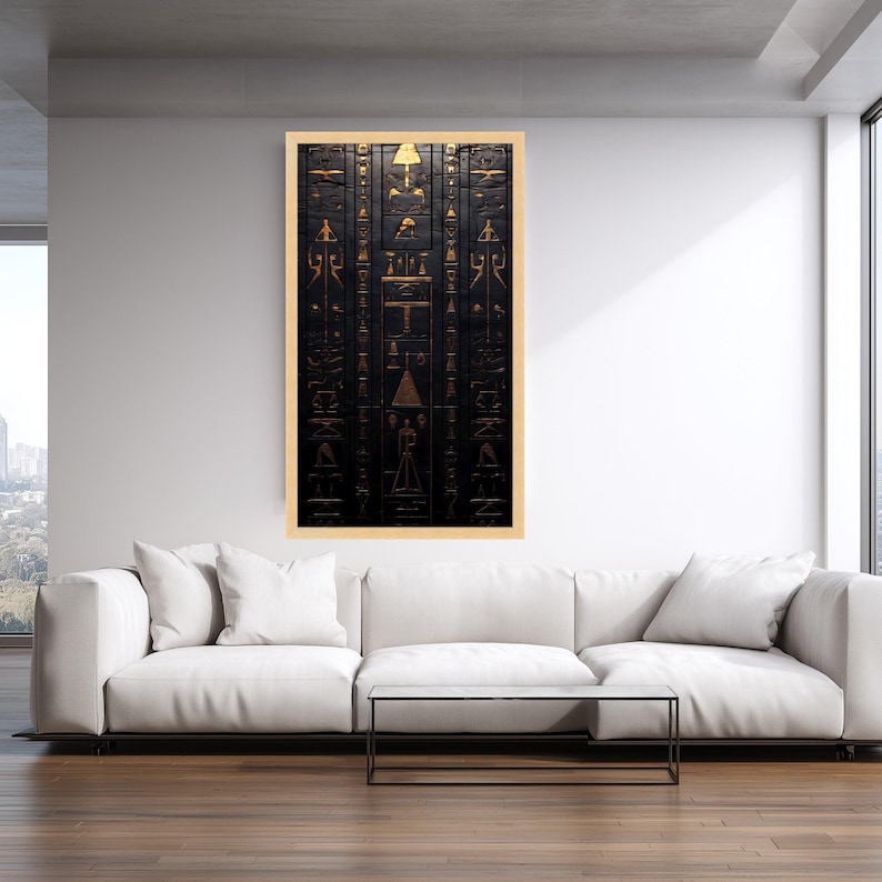 Lienzo con jeroglíficos del antiguo Egipto, arte mural en oro y negro, decoración simbólica egipcia, lámina de arte histórico, decoración mística para el hogar. imagen 4