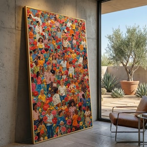 Lebendige multikulturelle Menge Leinwand, bunte Menschen und Blumen Wandkunst, vielfältige Gemeinschaftsfeier, helle Wohnkultur, fertig zum Aufhängen