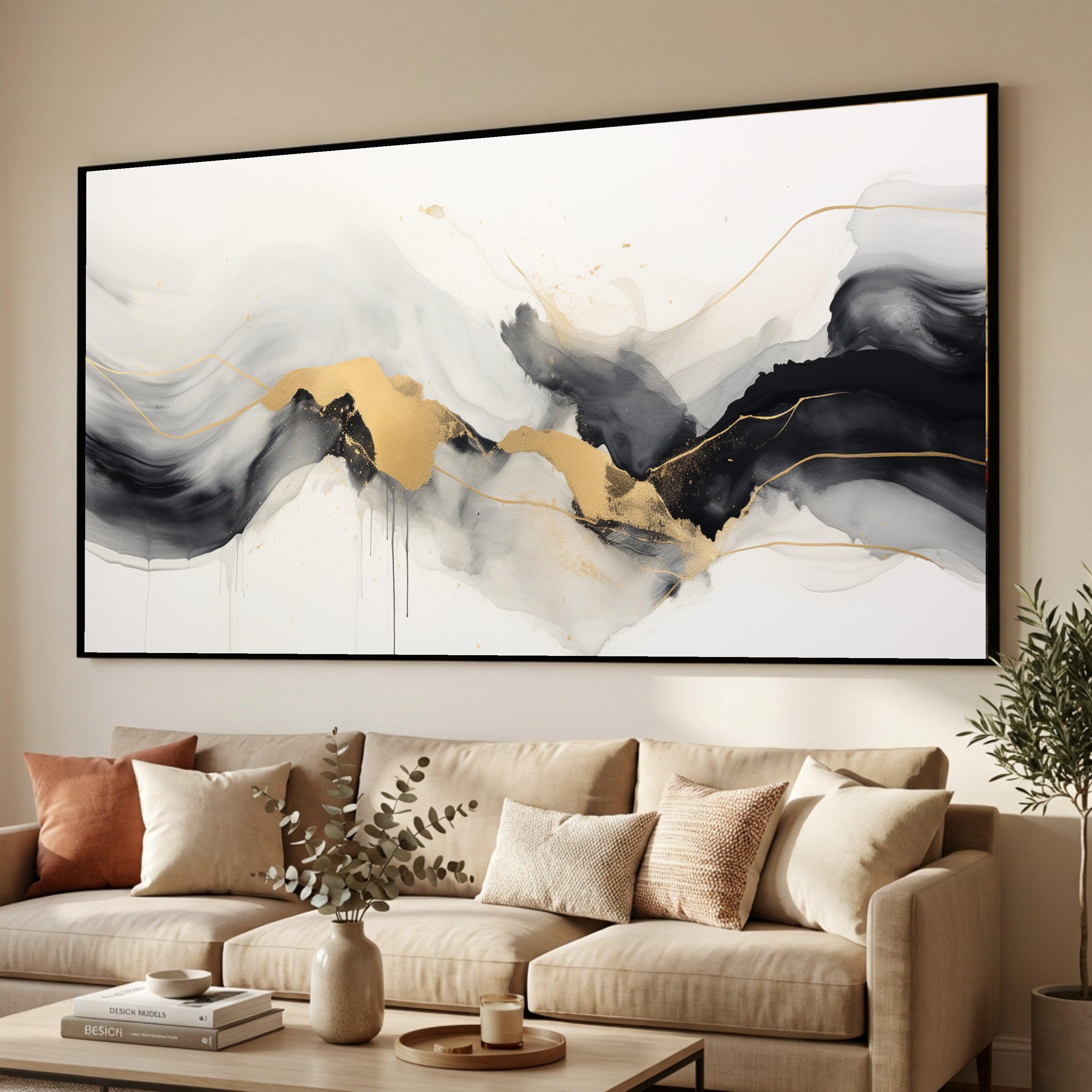 Elegant Black and Gold Abstract Canvas Wall Art, Modern Fluid Painting ...
