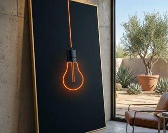 Lienzo con bombilla de neón, arte mural industrial moderno, lámina de lámpara colgante brillante, decoración minimalista para el hogar, arte contemporáneo sobre lienzo.