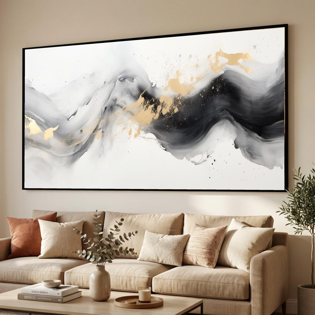 Elegant Black and Gold Abstract Canvas, Modern Fluid Art Wall Decor ...