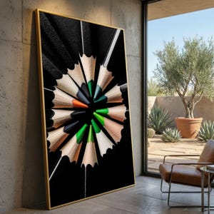 クローズアップの色鉛筆スパイラル、芸術的な黒背景キャンバス、抽象幾何学ウォールアート、クリエイティブなオフィス装飾、モダンなキャンバスプリント