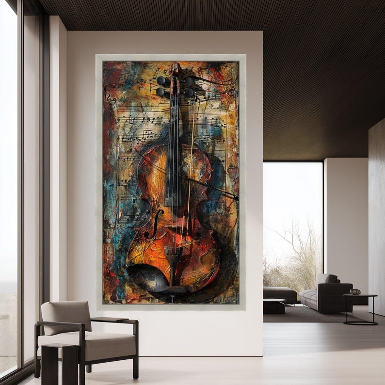 Vintage Violin Canvas Art, Rustic Musical Notes Painting, Music Room ...