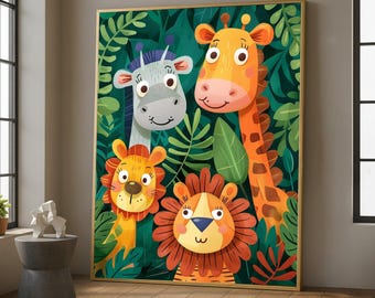 Cute Jungle Animals Canvas Wall Art, Kids Nursery Safari Giraffe and Lion Illustration, Playful Cartoon Canvas, Animal Wall Decor for