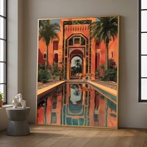 Majestic Tiger Walking, Exotic Garden Canal Canvas, Moroccan Architecture Art, Tropical Palm Reflection, Vibrant Wall Decoration