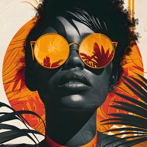 Black Woman Portrait Large Wall Art, Contemporary Fashion Face Artwork with Orange Sunglasses for Modern Living Room Decor
