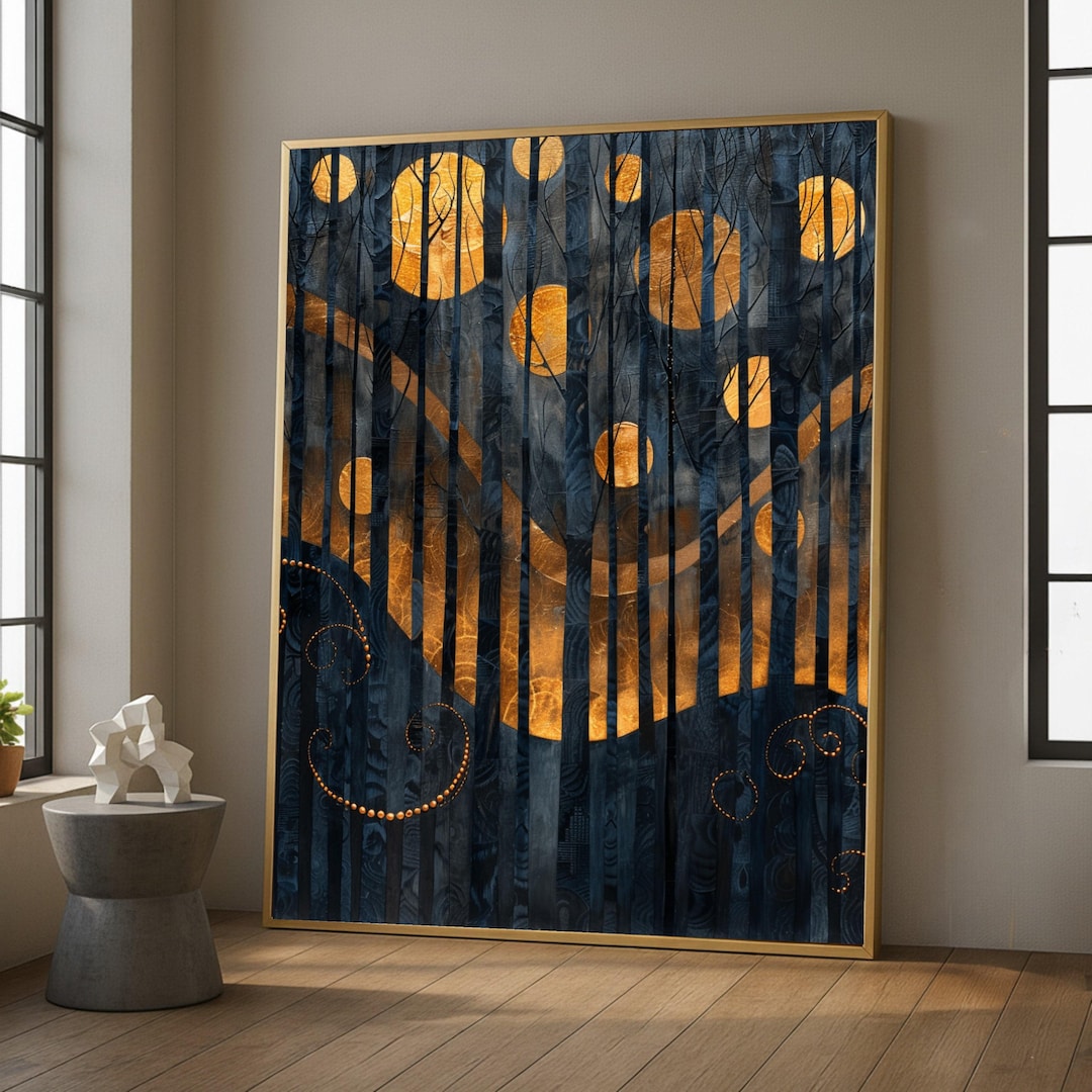 Gustav Klimt Painting Style,abstract Night Forest Canvas, Golden ...