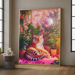 Majestic Tiger Lush Indoor Garden, Tropical Plants Canvas, Disco Ball Reflection, Vibrant Pink Wall Art, Exotic Animal Decor