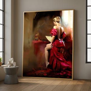 Woman in Red Dress Canvas Print, Elegant Backless Gown Portrait,Perfect Gift Idea