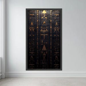 Lienzo con jeroglíficos del antiguo Egipto, arte mural en oro y negro, decoración simbólica egipcia, lámina de arte histórico, decoración mística para el hogar. imagen 3