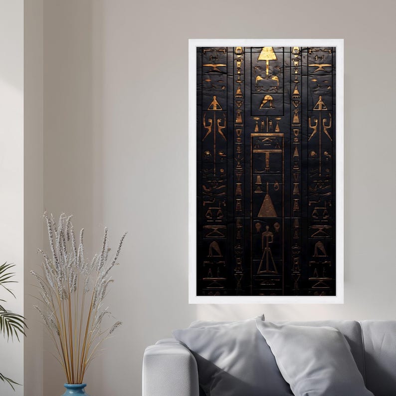 Lienzo con jeroglíficos del antiguo Egipto, arte mural en oro y negro, decoración simbólica egipcia, lámina de arte histórico, decoración mística para el hogar. imagen 6