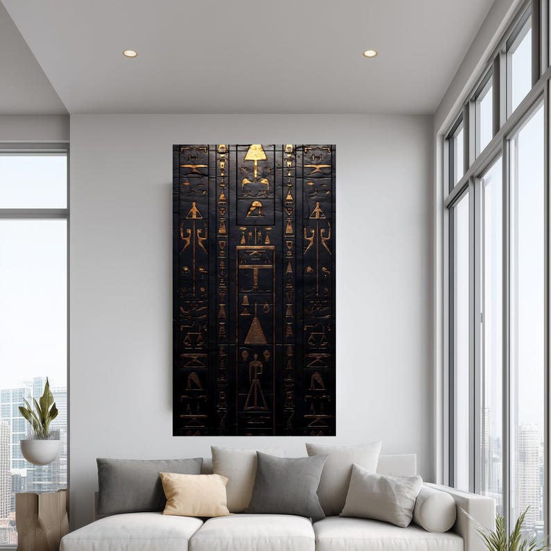 Lienzo con jeroglíficos del antiguo Egipto, arte mural en oro y negro, decoración simbólica egipcia, lámina de arte histórico, decoración mística para el hogar. imagen 7