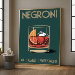May include: A framed art print featuring a Negroni cocktail illustration. The artwork showcases a glass with a red cocktail, ice, and an orange slice against a teal background. The word "NEGRONI" is at the top, with "GIN | CAMPARI | SWEET VERMOUTH" at the bottom.