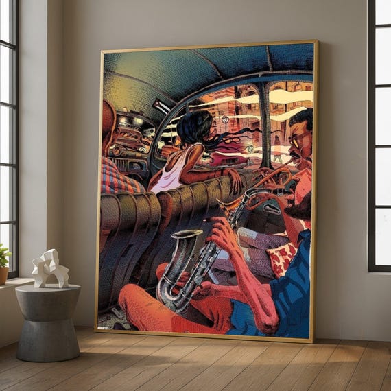 Urban Jazz Ride, Vintage Car Interior Canvas, Saxophone Music Art