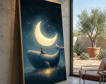 Lienzo de ballena nocturna caprichosa, arte de pared de niño sobre ballena, pintura de luna creciente, lienzo de cielo estrellado, decoración de guardería oceánica de ensueño, animal fantástico