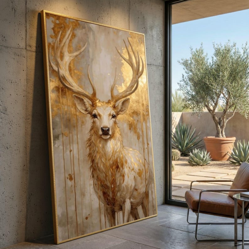 Majestic Golden Deer Canvas Art, Rustic Wildlife Nature Painting ...
