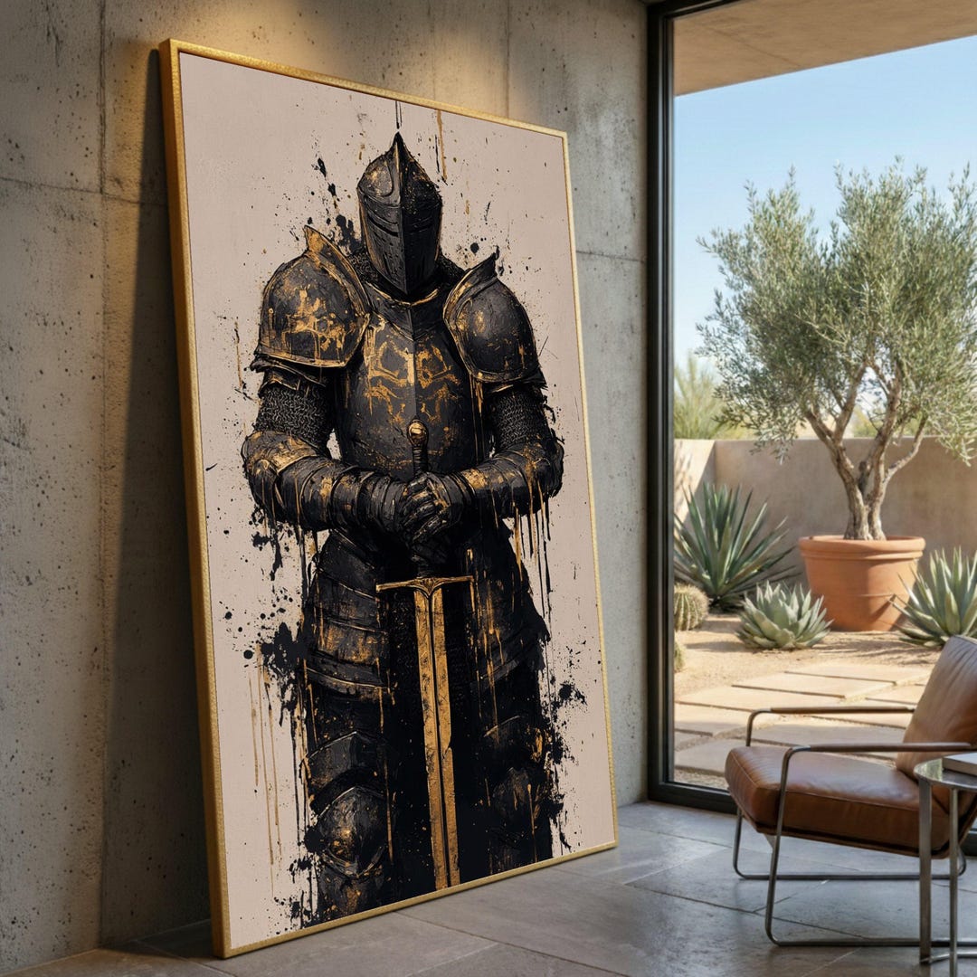 Medieval Black Knight Armor Canvas, Golden Sword Wall Art, Warrior ...