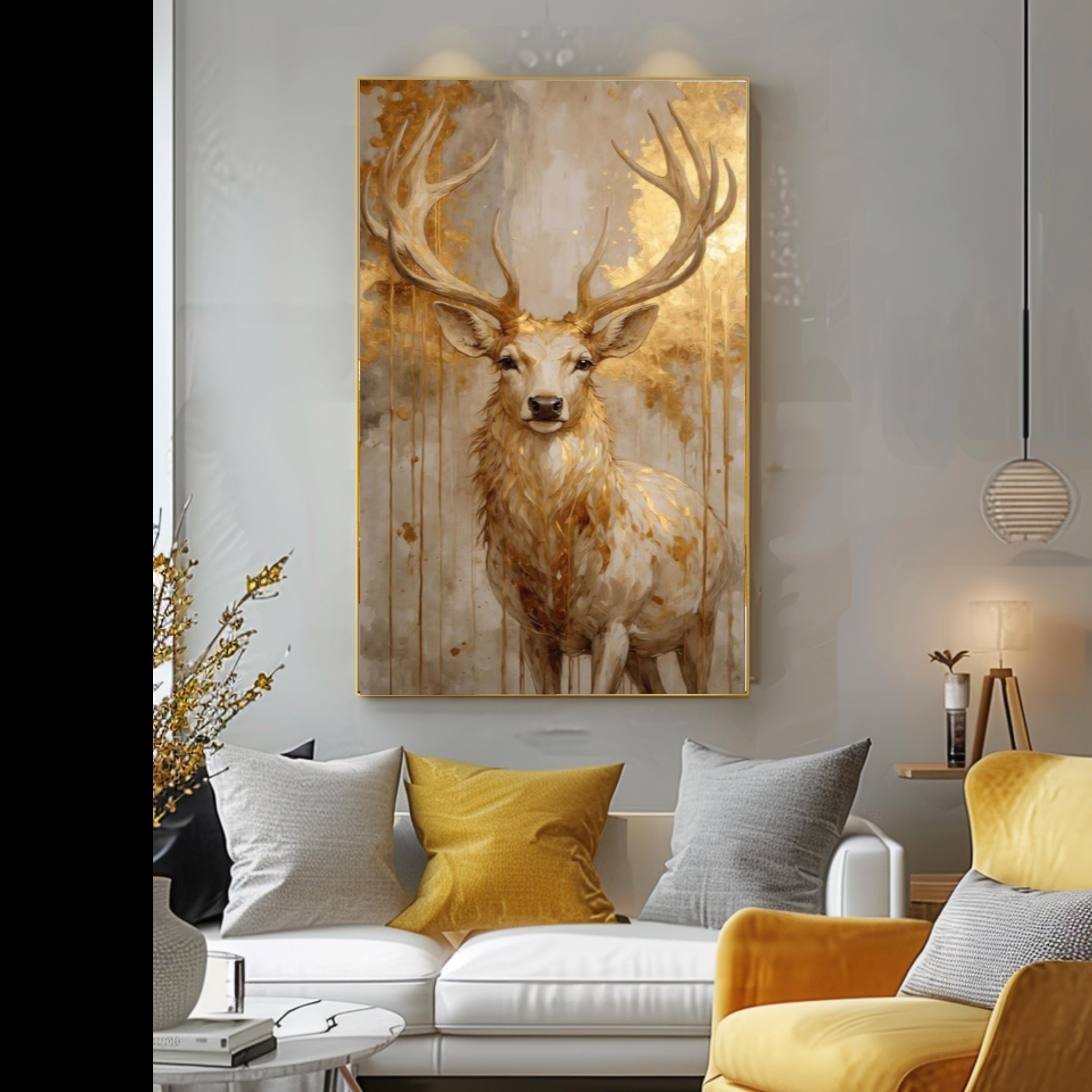 Majestic Golden Deer Canvas Art, Rustic Wildlife Nature Painting ...