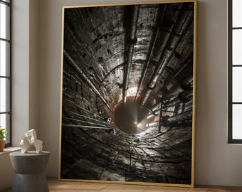 Industrial Deep Shaft Canvas Wall Art, Underground Tunnel Artwork, Urban Exploration Decor, Dark Moody Wall Canvas, Modern Industrial Home