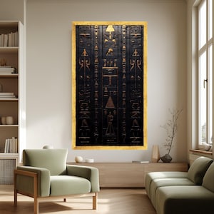 Lienzo con jeroglíficos del antiguo Egipto, arte mural en oro y negro, decoración simbólica egipcia, lámina de arte histórico, decoración mística para el hogar. imagen 2
