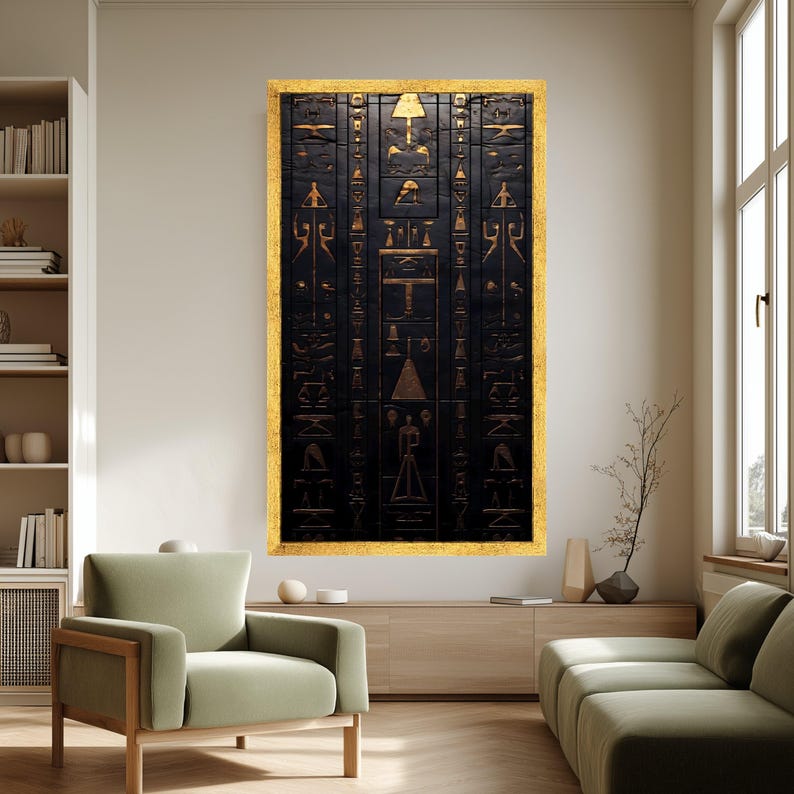 Lienzo con jeroglíficos del antiguo Egipto, arte mural en oro y negro, decoración simbólica egipcia, lámina de arte histórico, decoración mística para el hogar. imagen 2