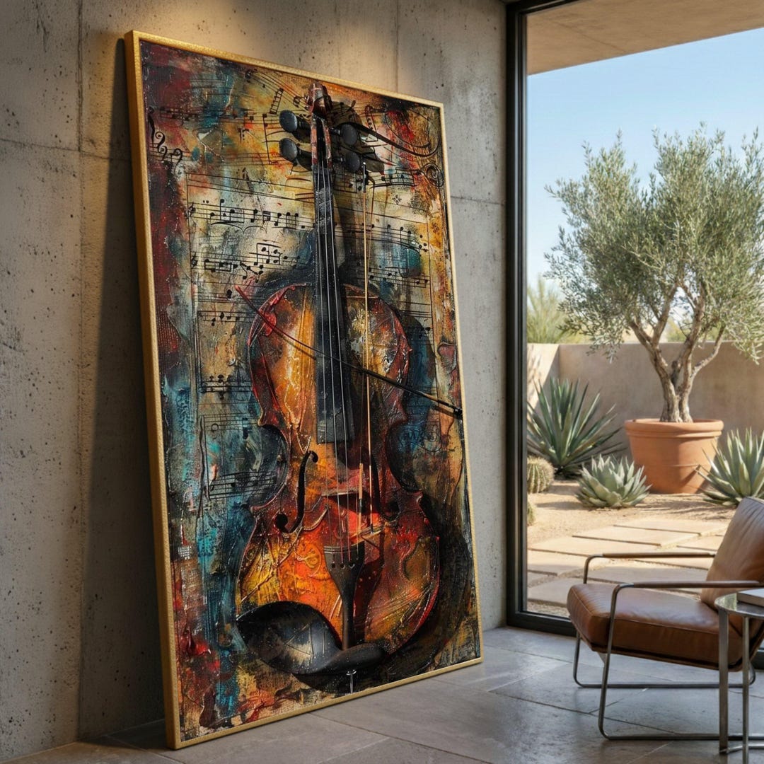 Vintage Violin Canvas Art, Rustic Musical Notes Painting, Music Room ...