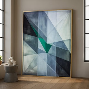 Modern Abstract Geometric Canvas | Tall Vertical Wall Art | Emerald Green Triangle Print | Contemporary Minimalist Decor