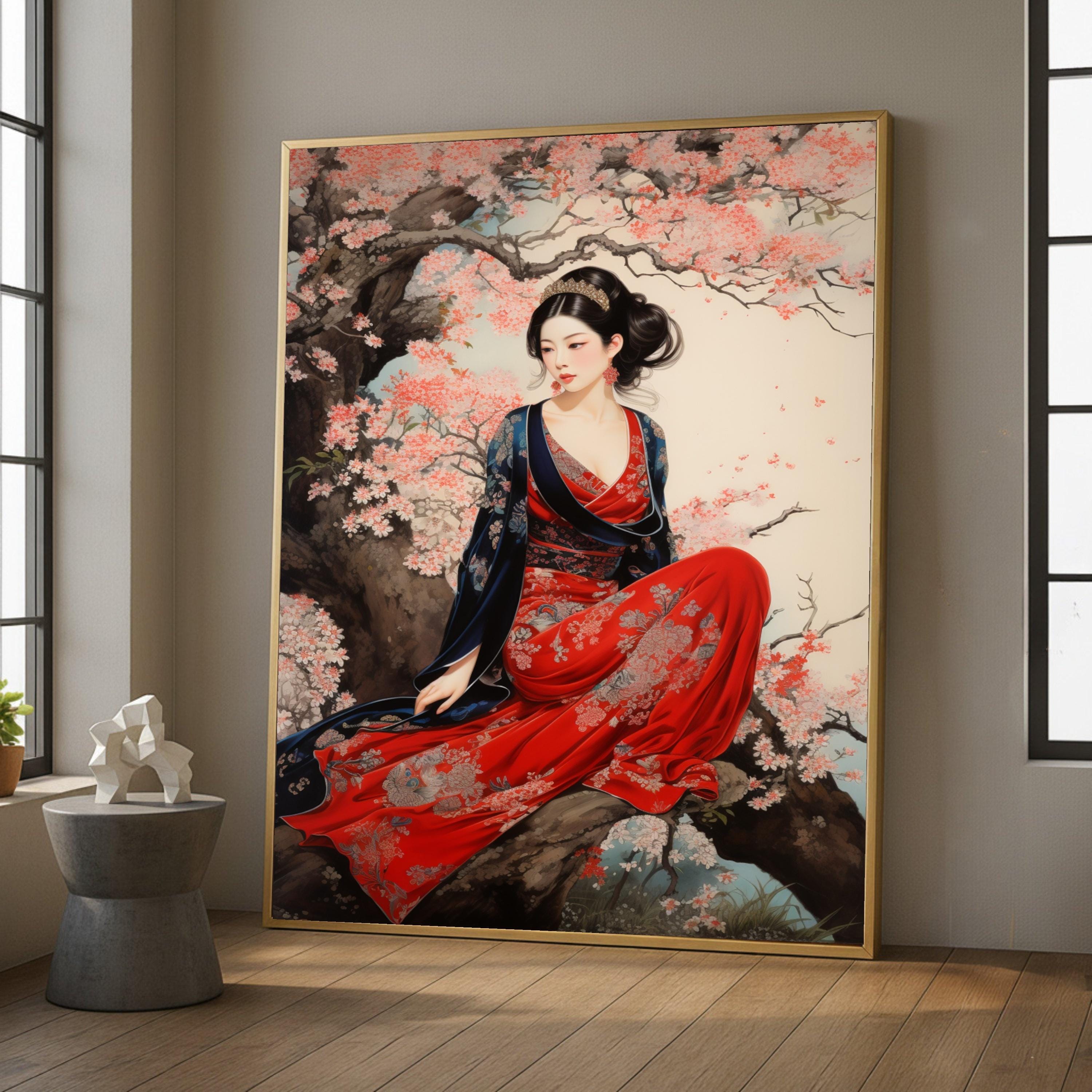 Geisha in Red Kimono Canvas Print, Japanese Cherry Blossom Wall