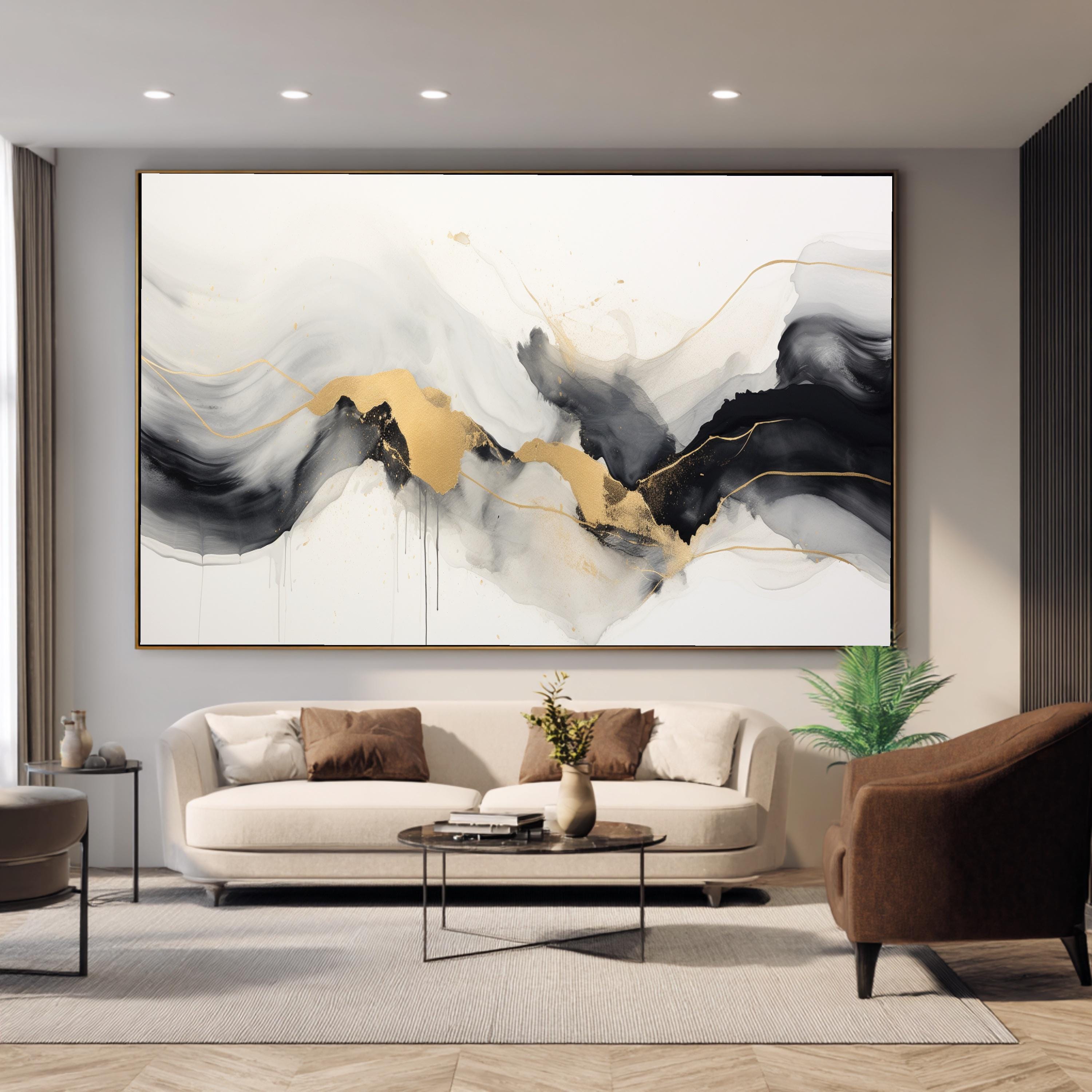 Elegant Black and Gold Abstract Canvas Wall Art, Modern Fluid Painting ...