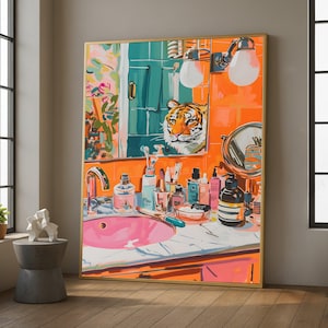 Livfullt badrumskommod, tigerreflektion på canvas, konstnärlig väggkonst för handfat, färgglad sminkbordsscen, modern heminredning