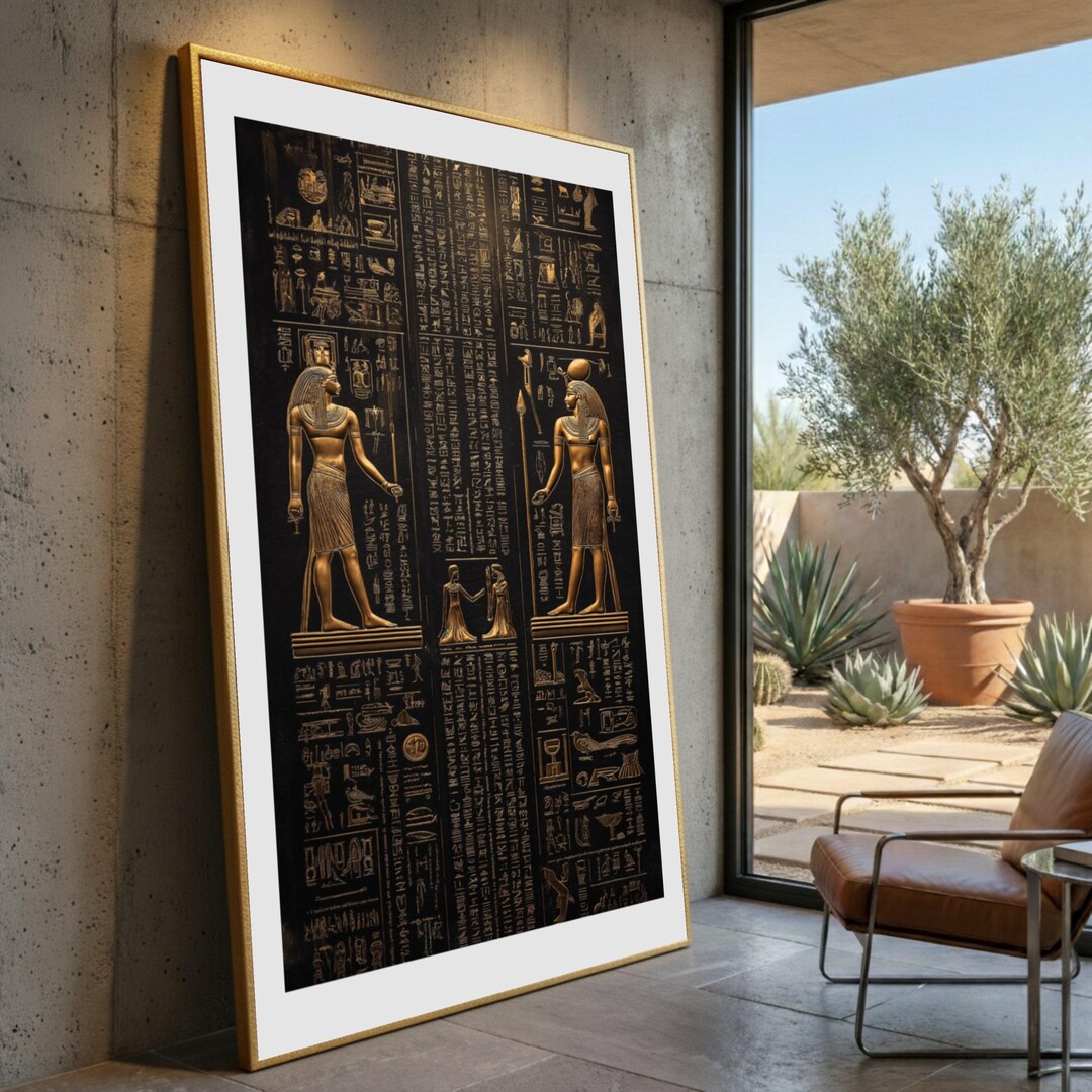 Ancient Egyptian Hieroglyphs Canvas Wall Art, Pharaoh Figures With Gold ...