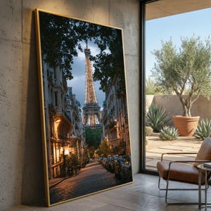 Vista nocturna de la Torre Eiffel iluminada, lienzo de calle de París, arte mural de paisaje urbano, decoración romántica de viaje, lienzo de monumento europeo, listo para
