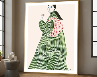 Lienzo con elegante mujer vestida con un vestido de rayas verdes, ilustración de moda moderna, arte con detalles florales, decoración de pared contemporánea, lienzo elegante para el hogar.