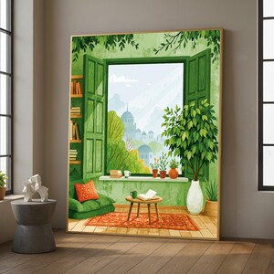 May include: A framed wall art print depicting a green room with an open window overlooking a city. The scene includes a bookshelf, a floor cushion with an orange pillow, a small wooden table with a book and mug, and potted plants on the sill.