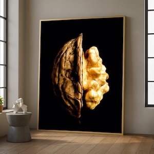 May include: A framed art print showing a detailed close-up of a walnut, split in two. The shell is a warm brown, contrasting with the lighter, golden nut meat. The background is a solid black.